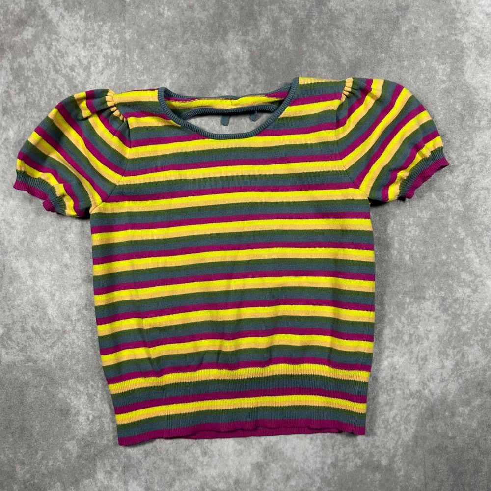 Treasure & Bond Girls 10/12 Striped Puff Sleeve Knit Top Cutout Back Multi Color